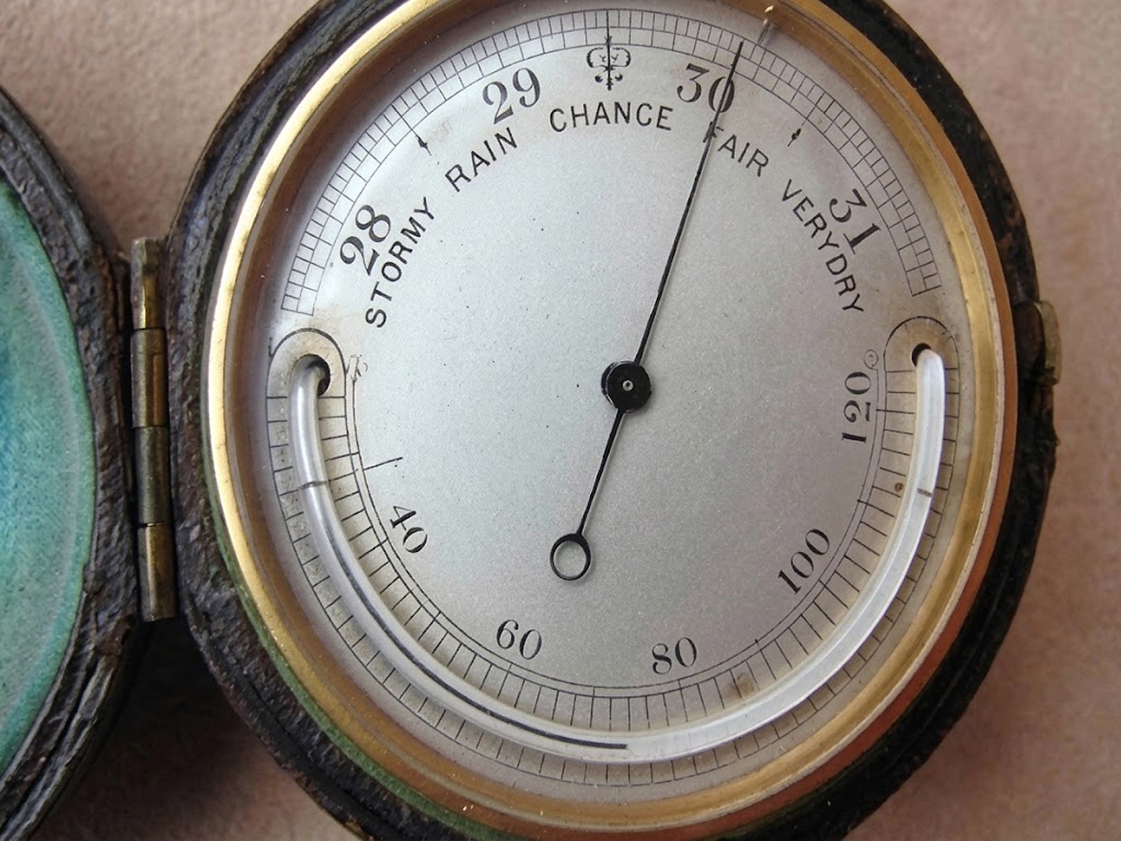 19th C pocket barometer with curved thermometer